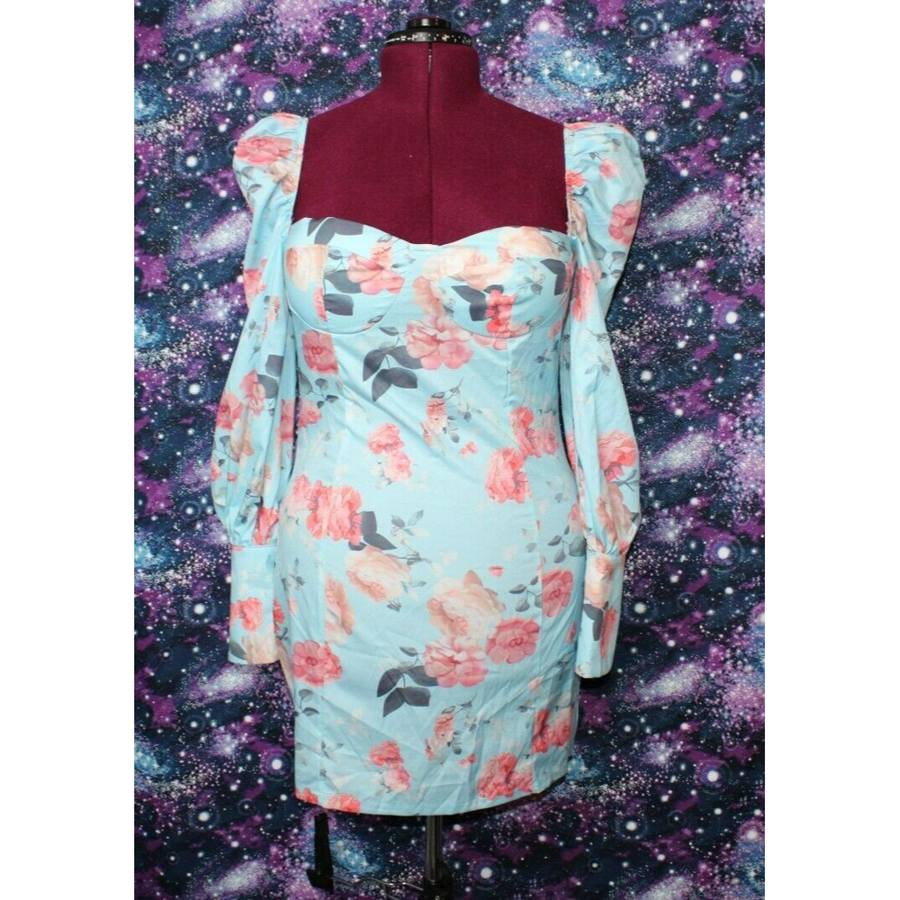 CBR EXCLUSIVE BOUTIQUE CORSET BLOUSE PADDED BLUE FLORAL BUTTON LONG SLEEVE XL